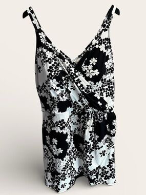 Lands' End Black and White Floral one piece swim dress